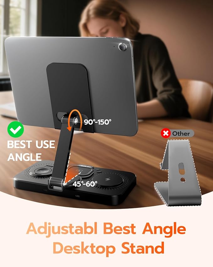 45W 6 in 1 Charging Station for Apple Multiple Devices with Clock & Light, 20W Fast Foldable Wired Charging Stand for iPad/Tab, Wireless Charger Design for MagSafe Charger for iPhone 17/iWatch/Airpods