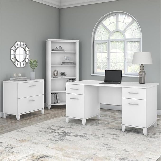 Pemberly Row Engineered Wood 60W Office Desk with File Cabinet & 5 Shelf Bookcase, White Finish, Durable Home Office Set with Storage Drawers, Adjustable Shelves, Wire Management