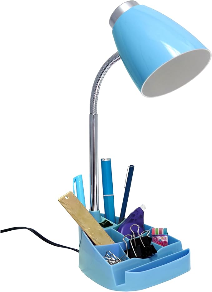 Simple Designs LD1002-BLU Gooseneck Organizer Desk Lamp with iPad Tablet Stand Book Holder, Blue