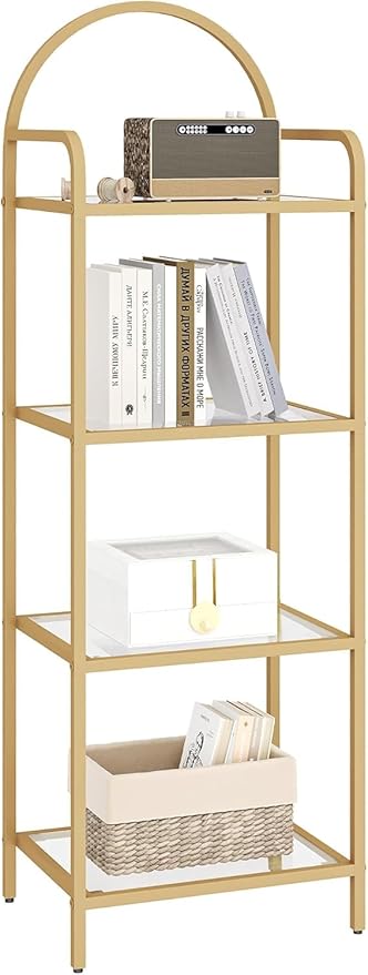 Hzuaneri Bookcase Bookshelf, Tempered Glass Bookshelves, Slim Shelving Unit for Bedroom, Bathroom, Home Office, Steel Frame, 4 Tier Gold BC04001G