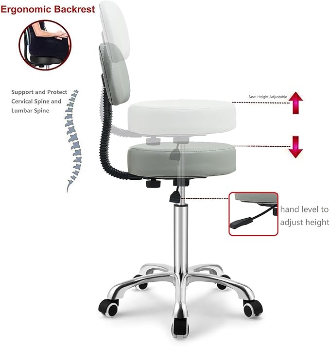 Kaleurrier Rolling Swivel Adjustable Heavy Duty Drafting Stool Chair for Salon,Medical,Office and Home uses,with Wheels and Back (Grey)