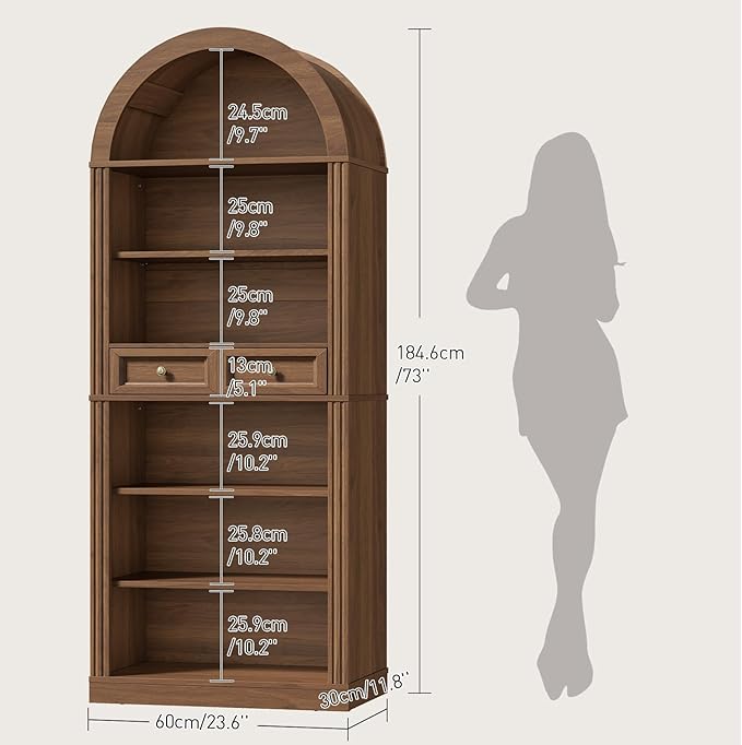 RALGEND Arched Bookshelf, 73" Tall Arch Bookcase with Drawers, 6-Tier Farmhouse Book Shelf, Wooden Bookshelf with Open Display Shelves for Living Room, Office, Adjustable Shelf, Walnut