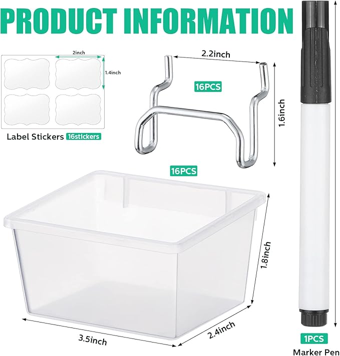 Unittype 16 Set Clear Peg Board Baskets and Bins Pegboard Baskets Organizer Accessories Peg Board Bins with Hooks Sticker Label and Pen for Office Wall Teacher Craft Supplies Garage Tool Storage