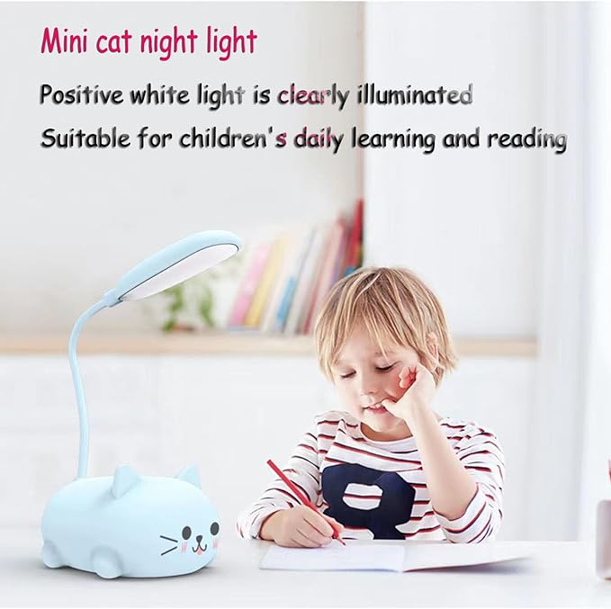 Neioaas LED Desk Lamp for Kids, Cute Cat Lamp USB Rechargeable Reading Light,Portable LED Table Light, Flexible Gooseneck Eye-Care Cartoons Small Desk Lamp Girls Gifts (White)