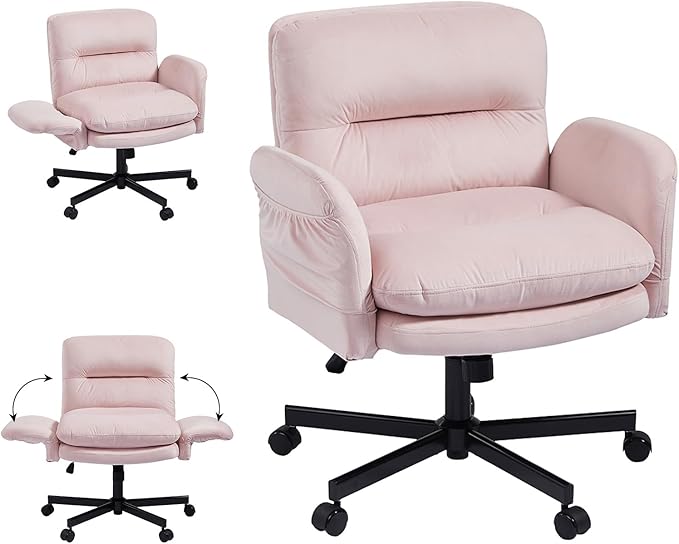 Bestier Criss Cross Chair with Flip-Up Armrests, Swivel Makeup Vanity Chair with Wheels & Side Pockets, Cross Legged Office Chair for Home Office, Bedroom, Pink Velvet