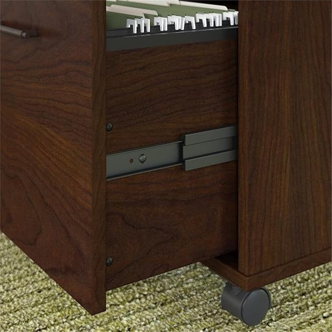 Bush Home Key West 60W L Shaped Desk with File Cabinets and 5 Shelf Bookcase in Bing Cherry