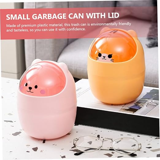 Cute Bear Mini Desktop Trash Can Lid Slim Plastic Trash Bin for Home Office Cartoon Garbage Container for Bedroom and Desk