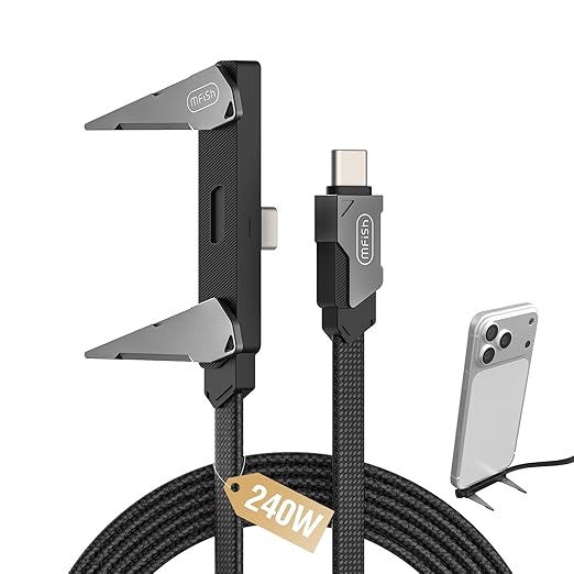 MFish 240W USB C to USB C Cable, Type C Fast Charging Cable with T-Shaped Stand, 90° Right Angle Gaming Cable for iPhone 17/16/15, MacBook, Tablet, Galaxy S25/S24, Braided Durable 3.93FT