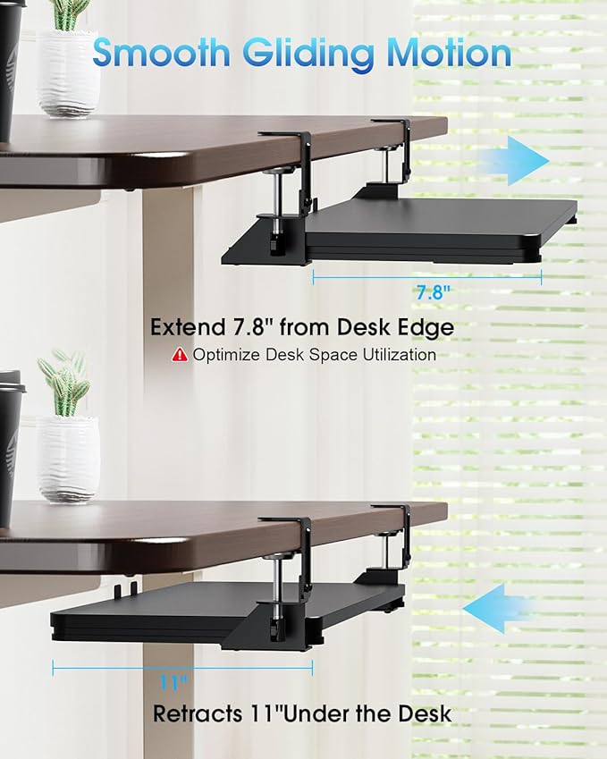 Small Keyboard Tray Under Desk, Pull Out Keyboard & Mouse Tray with Adjustable C-clamp, 20(25.9 Including Clamps) x 11.8 Inch Slide Out Computer Keyboard Drawer Mouse Tray for Typing, Black