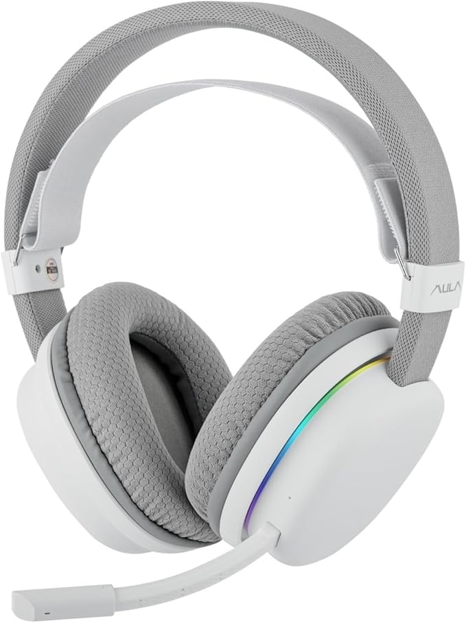 MechLands Aula G7 Wireless Gaming Headset for PS4/PS5/PC/Switch, Over-Ear Headphones with Detachable Noise Canceling Mic, RGB, Surround Sound, 60H Battery, 2.4GHz/BT/Wired (White)