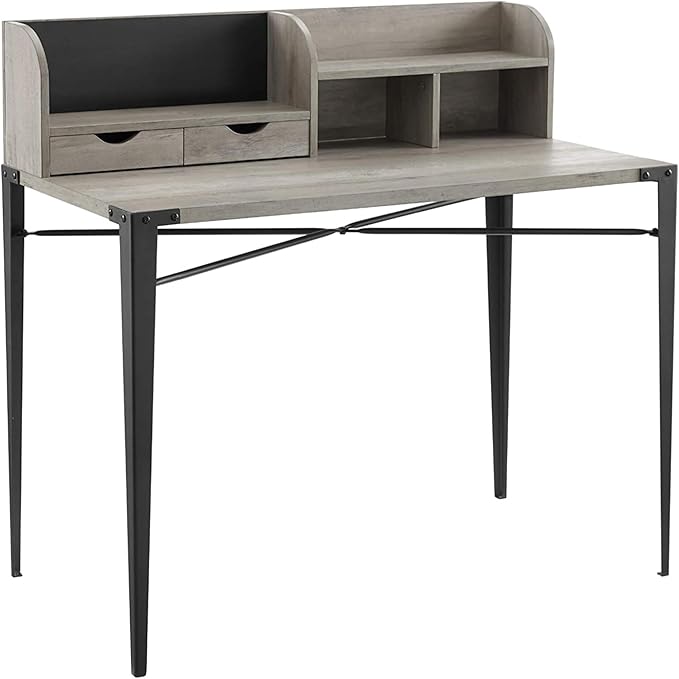 Interior Elements Industrial Modern Wooden Secretary Office Desk with Hutch - Grey Wash, 42"