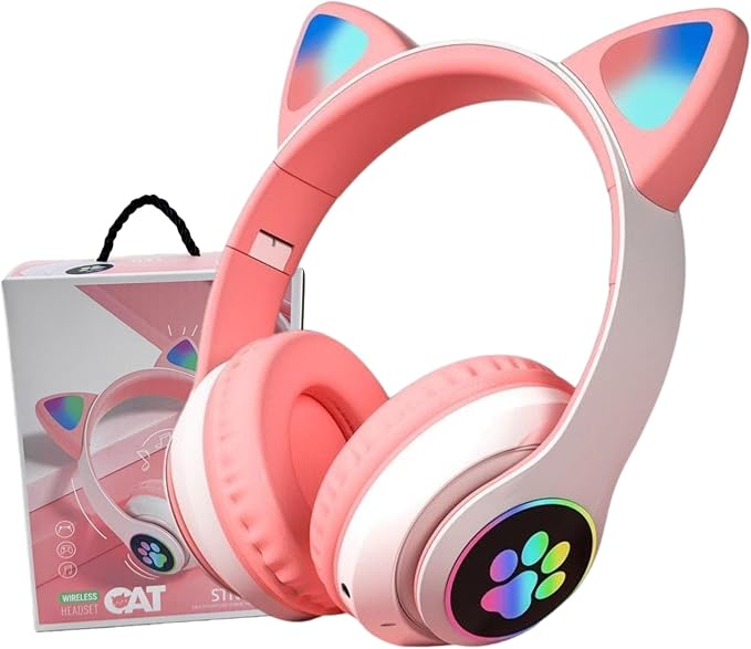 Cat Ear Bluetooth Headphones for Kids & Adults, Wireless Foldable & Wired Multi-Function LED Light Up Over Ear Headphones with Mic and Volume Control for iPhone/iPad/Laptop/PC (White 2)