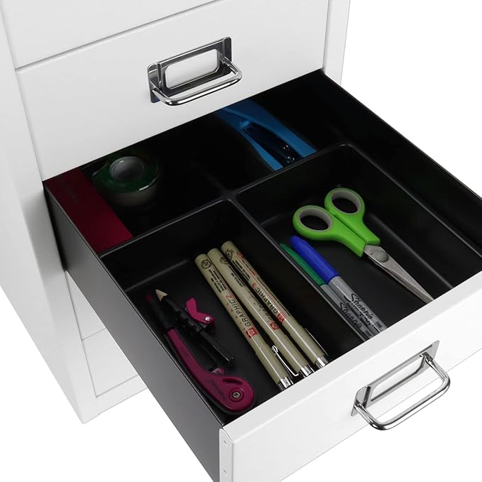 Bisley 6-Drawer Steel MultiDrawer Cabinet - Traffic White, Chrome Pull Handles with Label Holders, Powder-Coated Steel, Removable Drawers, Fits Under Most Desks, Labels Included