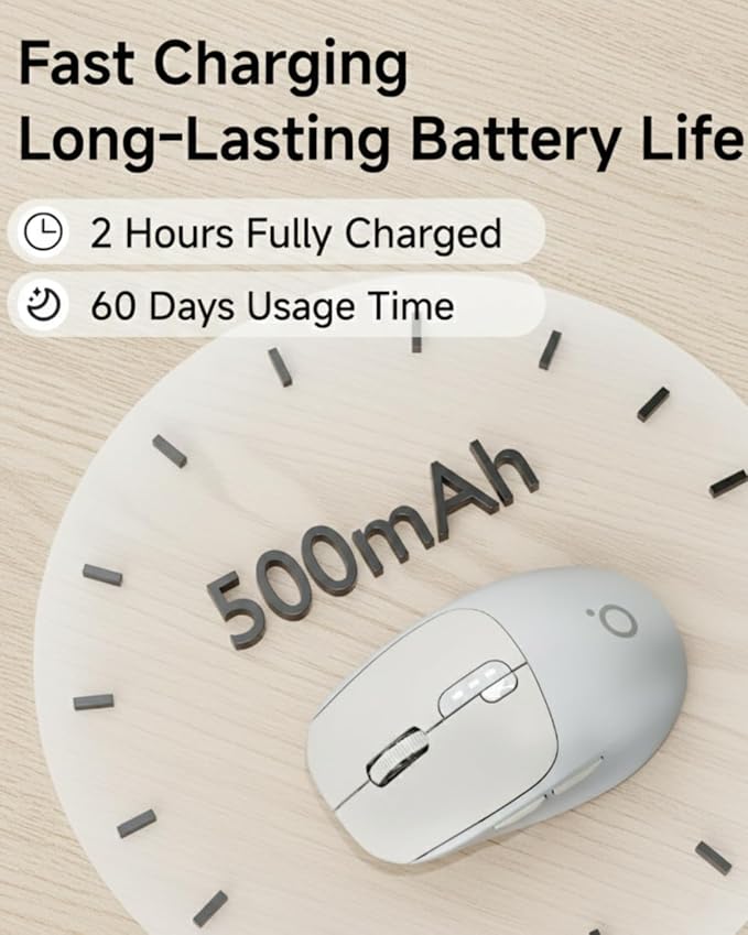 SEUNKWANG EWEADN Q5 Wireless Mouse, Bluetooth & 2.4G Quiet Computer Mouses with Battery Level Display, 1600 DPI, Ergonomic Office Mouse, 6 Button Portable Cute Computer Mouse for Laptop/PC/Mac - Grey