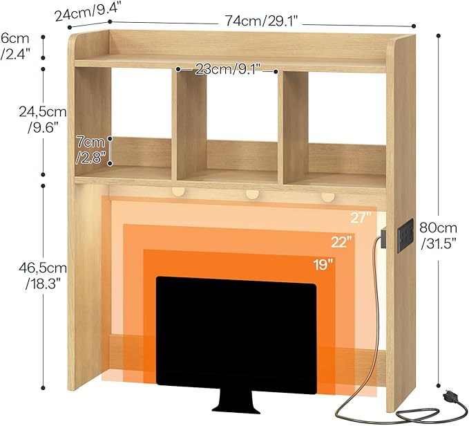 HOOBRO Desktop Bookshelf, Office Desktop Shelf, Desk Hutch with Outlets, Wooden Office Desktop Bookcase, Desktop Organizer Shelf with LED Light Strip and 3 Hooks, for Home, Study, Natural NL12UDSJ01