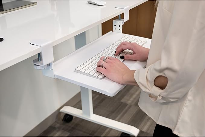 Stand Up Desk Store Large Clamp-On Retractable Adjustable Keyboard Tray | Improve Comfort While Increasing Desk Space - for Desktops Up to 1.5" Thick (33" W x 12.25" D) (White) (Large)