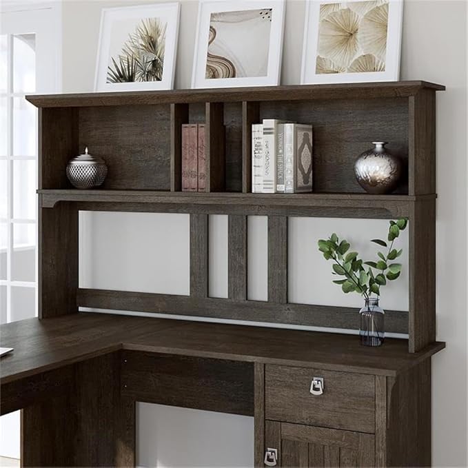 Pemberly Row 60W Hutch for L Shaped Desk, Engineered Wood, Ash Brown Finish, Open Cubby Storage, Decorative Accents, Modern Farmhouse Style, Large Monitor Space, Home Office Organization