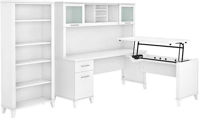 Bush Furniture Somerset 72W 3 Position Sit to Stand L Shaped Desk with Hutch and Bookcase in White