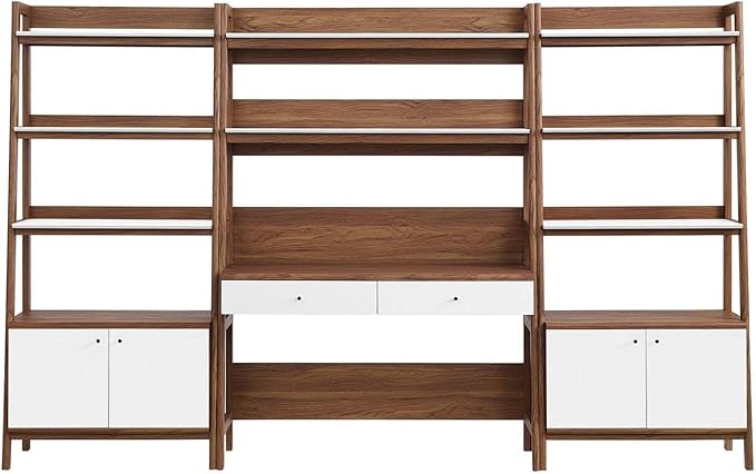 Modway 3-Piece Home Office Desk and Bookshelf Display Case in Walnut White