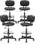 KLASIKA Tall Drafting Rolling Stool Chair with Low Back Support and Adjustable Foot Rest Ring Set of 4 PU Leather Vinly Wide Seat Swivel Standing Desk Chair for Office Home 4 Pack