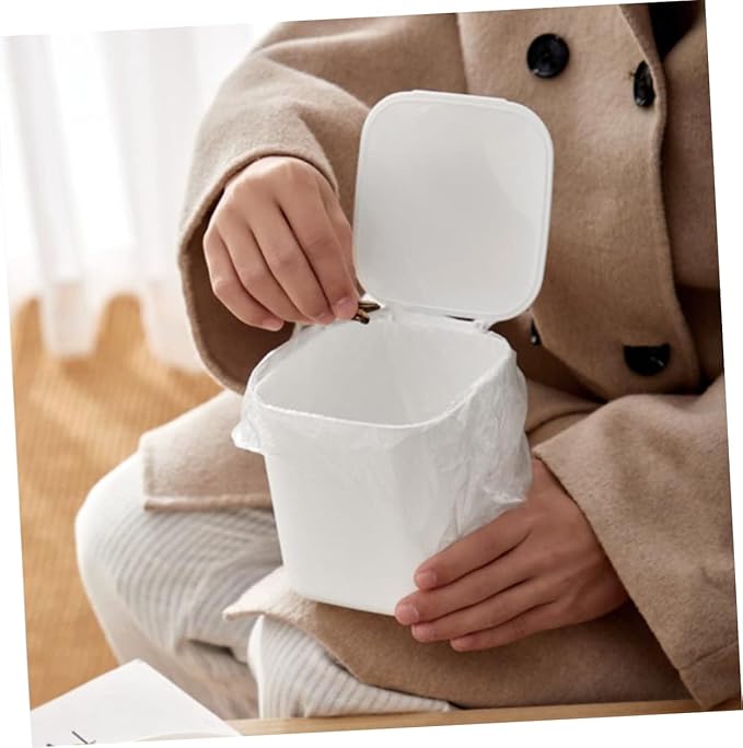 OUNONA Mini Kitchen Trash Can Lid Slim Desktop Trash Bin Plastic White for Kitchen Office