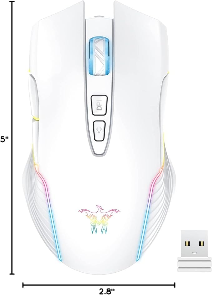 PHNIXGAM Rechargeable Wireless Gaming Mouse, Ergonomic RGB Computer Mouse with 2.4G Receiver, RGB Backlight, Adjustable DPI Up to 3600, 7 Buttons (Not Programmable) for Windows Vista Linux (White)