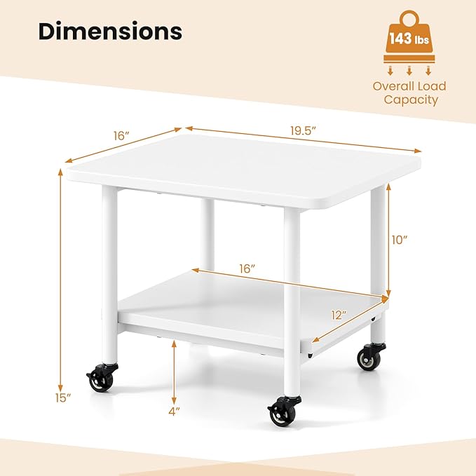 Giantex Under Desk Printer Stand, 2-Tier Mobile Printer Table with Storage Shelf, Lockable Wheels & Metal Frame, Rolling Printer Cart Holder, Storage Rack for Home Office Scanner Fax Machine (White)