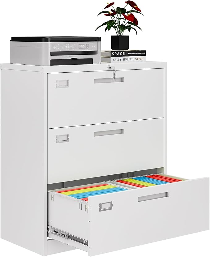 3 Drawer File Cabinets for Home Office, Metal Filing Cabinet with Lock, White Locking File Caninet Three Drawer, Office Storage Caninets Steel Cabnet for Letter/Legal/A4/F4-Assembly Required