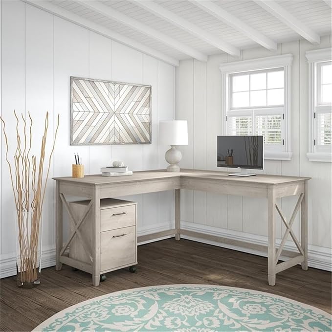 Bush Furniture File Cabinet can roll Underneath The L Desk and Features Front-Locking casters for Secure Placement