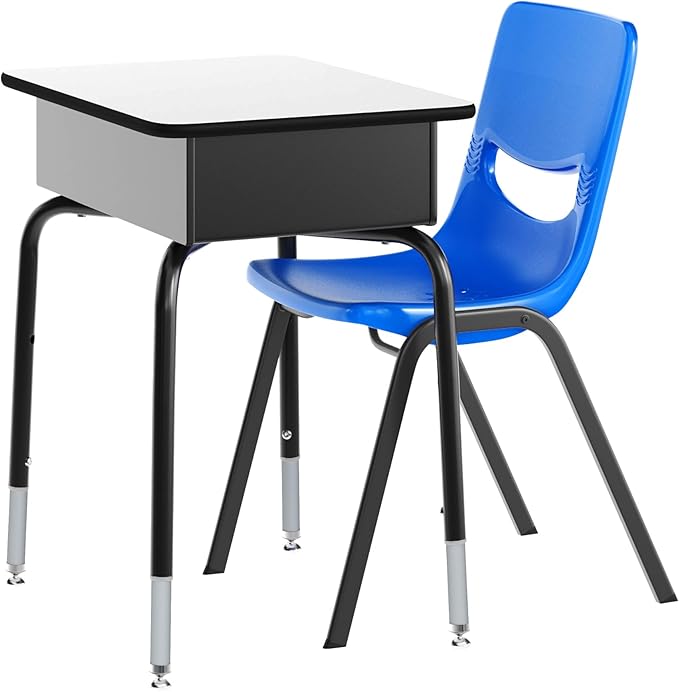 EMMA + OLIVER Jacobs Desk/Stackable Ergonomic Chair Set, Flex Comfort Seat Back, Adjusting Desk Legs, Metal Open Front Storage Box, Gray Desktop/Navy Chair