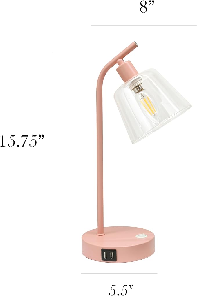 Simple Designs LD1074-BPK 15.75" Sleek Essentials Modern Industrial Netal Desk Lamp with Clear Glass Shade and Dual USB Ports, for Office, Desk, Nightstand, Dorm, Blush Pink