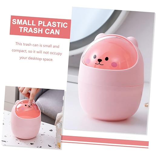 Luxshiny Cute Bear Desktop Trash Can Lid Mini Plastic Wastebasket for Home and Office Slim Garbage Bin for Bedroom and Desk