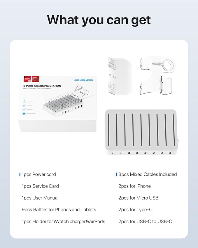 SooPii 8-Port USB-C Charging Station for Multiple Devices, with 1 PD 20W Port Supports Fast Charging, 8pcs Mixed Charging Cables and 1pcs Upgraded Holder for lWatch Charger & Air-Pods, White
