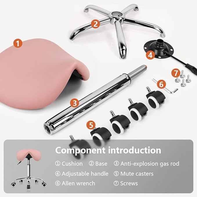 KKTONER Rolling Saddle Stool PU Leather Swivel Adjustable Rolling Stool with Wheels Salon Chair (Pink)