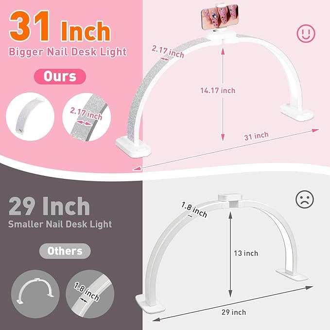 HITTI 31in Half Moon Light for Nail Desk, Foldable, Phone Stand, LED Adjustable Brightness and Color, 48W, Arch Nail Tech Table Lamp for Manicure, Craft, Art, Eyelash Extension (Crystal Diamond)