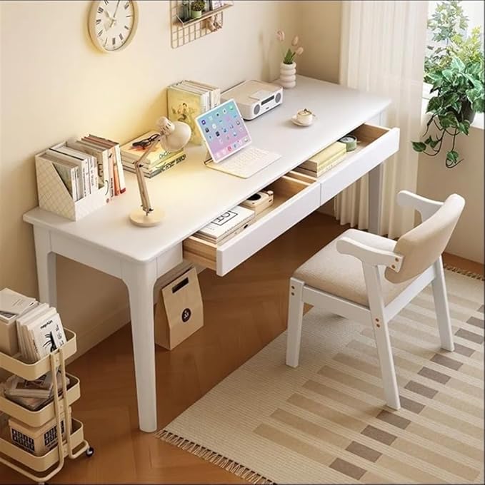 Computer Desk, Home Office Modern Desk and Chair Set, Wood Writing Desk, Executive Desk, Wooden Writing Desk Study Table, Home Office Study Desk(White,100CM-39.4IN)