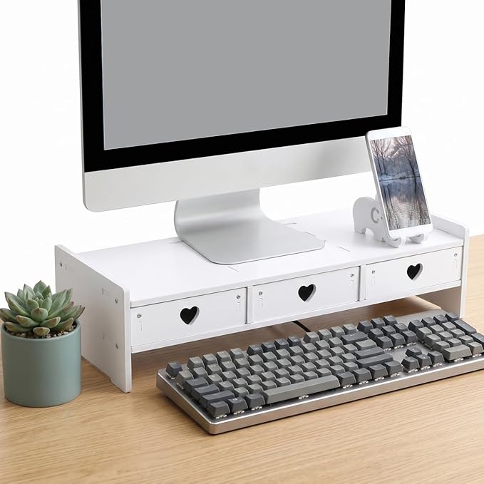 Tofficu Computer Monitor Stand Riser with 3 Drawers - Desktop Organizer with Phone Holder, White Desk Shelf for Laptop, Office Supplies & Workspace Storage