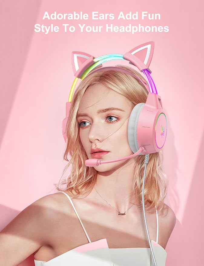 Pink Cat Ears for Headphone, Silicone Cute Kitty Ears Attachment, Lovely Detachable Accessories Fit for Gaming Headset, Lightweight & Durable