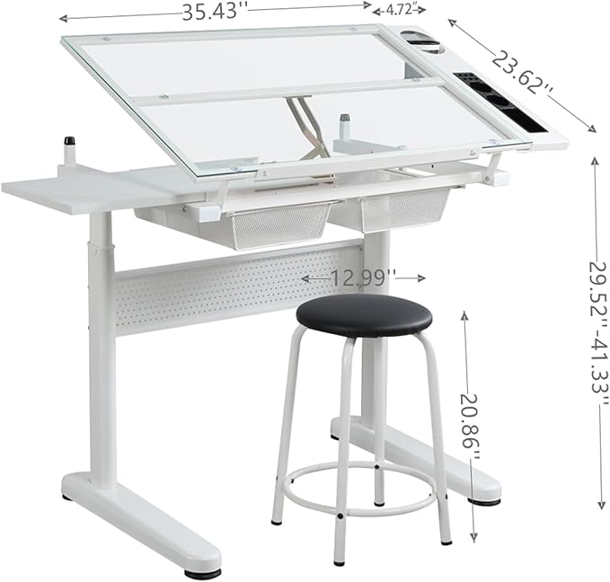 Adjustable Height Drafting Table with Storage Drawers & Stool for Adults, Glass Art Desk with Side Storage Strips, Drawing Table with Tilted Tabletop for Art Office Study (White+Glass B)