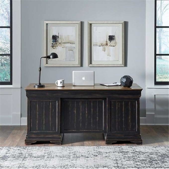 Pemberly Row Modern 5 Piece Jr Executive Desk Set, Aged Charcoal Finish, Poplar Solids with Birch & Maple Veneers, Includes Desk, Credenza & Hutch, LED Lighting, Locking File Drawers for Office Use