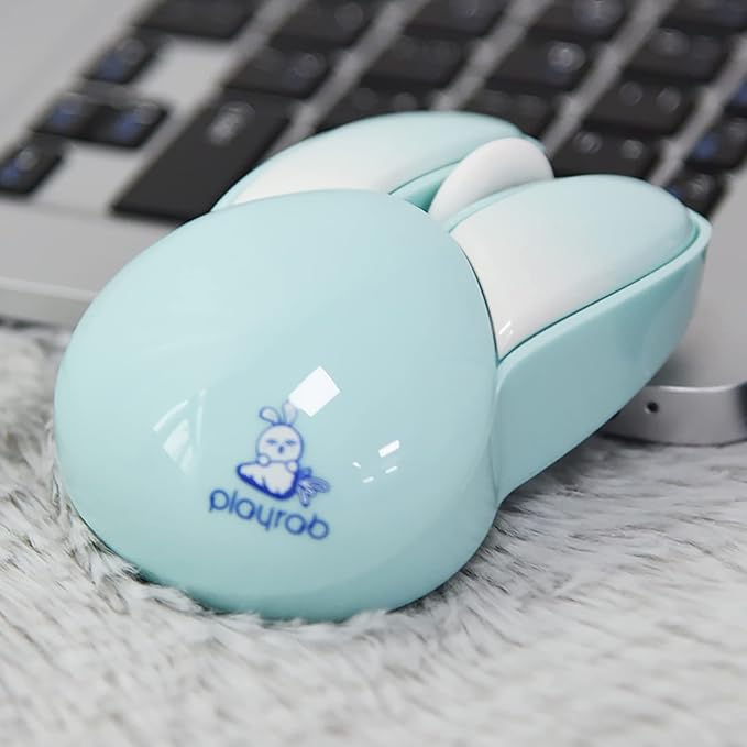 Lomiluskr Cute Bunny Wireless Mouse, Lightweight Soundless Mice, 2.4G Wireless Mice, Candy Colors, Kawaii Rabbit Mouse for Girls and Kids (Blue Bunny)