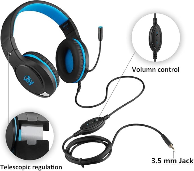Gaming Headset for Nintendo Switch, Xbox One, PS4, PS5, Bass Surround and Noise Cancelling with Flexible Mic, 3.5mm Wired Adjustable Over-Ear Headphones for Laptop PC iPad Smartphones (Blue-Black)