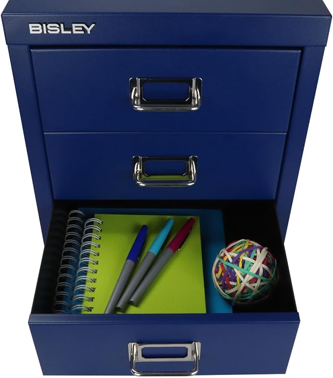 Bisley 3-Drawer Steel MultiDrawer Cabinet - Oxford Blue, Chrome Pull Handles with Label Holders, Powder-Coated Steel, Removable Drawers, Desktop Storage, Labels Included