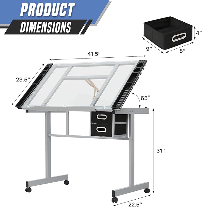 Adjustable Drafting Table & Stool Set, Art Desk with Additional Slide-Out Table Design, Versatile Drawing Table with Storage, for Art, Drafting and Creative Tasks, Natural