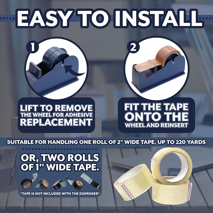 JDS 2 Pack Desktop Industrial Metal Tape Dispensers (4 Replacement Blades) - Pull and Tear Heavy-Duty Weighted Non-Skid Adhesive Roll Holder for Office, Home, School, Gift-Wrapping, and Craft Use