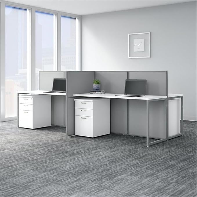 Pemberly Row 60W 4 Person Desk, Engineered Wood, White Finish, Includes Storage Cabinets, 45H Cubicle Panels, Built-in Wire Management, Adjustable Metal Legs, Contemporary Office Furniture for