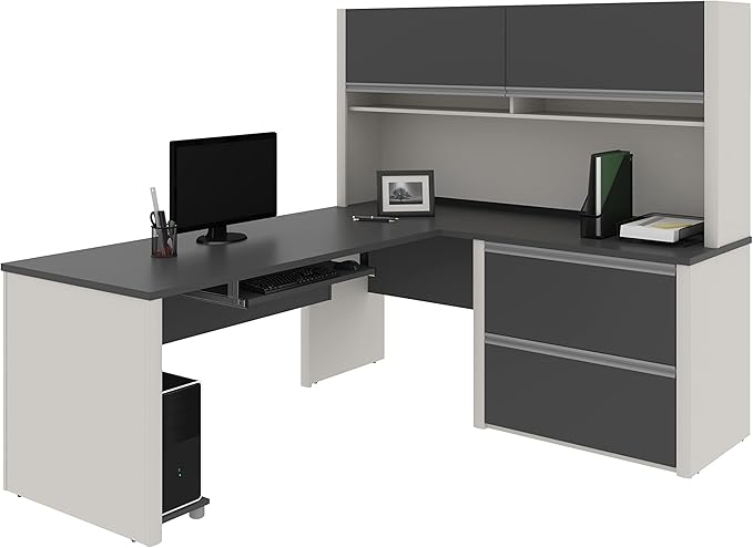 BESTAR Connexion L-Shaped Desk with Two Oversized Pedestals, Slate/Sandstone