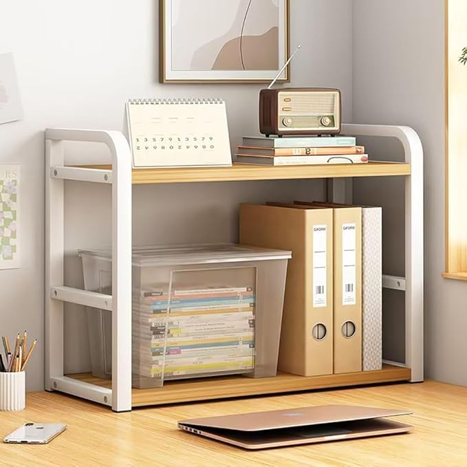 Hbluefat Desktop Organizer Shelf, 2-Tier Adjustable Desk Bookshelf, Tabletop Small Wood Bookcase, Multipurpose Display Storage Rack for Home Office (Wood+White)