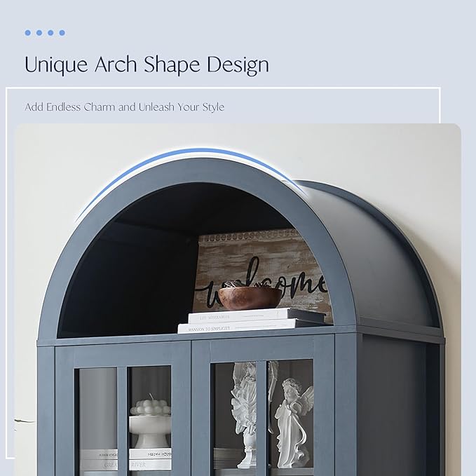 Tall Arched Cabinet, Modern Farmhouse Wooden Display Cabinet with Glass Doors, 70" 6 Tier Bookshelf w/Adjustable Shelves for Living Room, Office, Blue