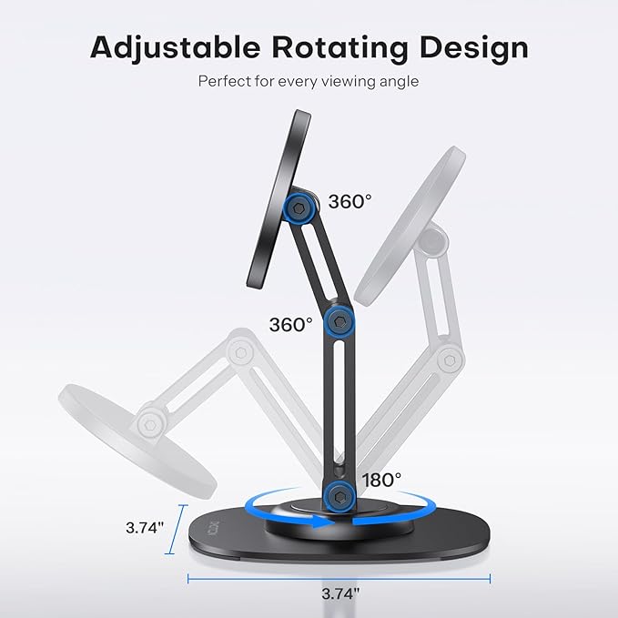 OMOTON 360°Rotating MS04 Magnetic Phone Stand for Desk, Adjustable Foldable Aluminum for MagSafe Cell Phone Stand Holder with Non-Slip Base, for iPhone 17/16/15/14 Pro Max Air, Black